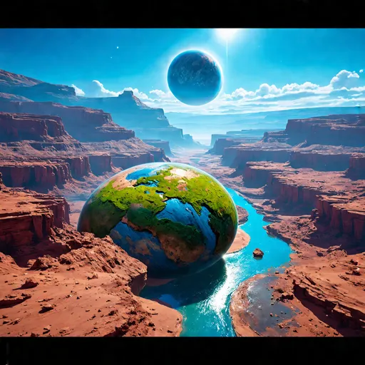 Prompt: Aerial view of a (remarkable earth-like planet), colorful rivers, vibrant canyons, majestic mountains, detailed strange alien life forms, horizon view of another odd planet in the distance, vivid colors, rich greens and blues, otherworldly hues, cinematic lighting, mysterious atmosphere, intricate landscapes, surreal and fantastical design, ultra-detailed, 4K quality, high depth, visually stunning background, science fiction aesthetic, highly realistic rendering.