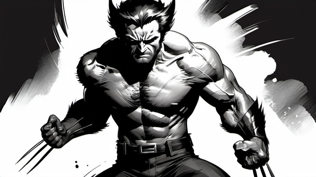 Prompt: a raw black brush stroke made painting of marvel hero wolverine on white background, comics version, black and white