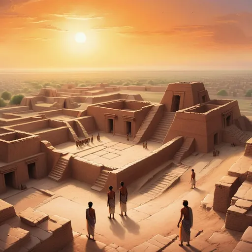 Prompt: A panoramic view of the ancient city of Harappa with its well-planned streets and towering stone structures. In the foreground, two indian boys stand on a raised mound, looking out over the ruins with awe. The sky is a hazy orange, with the sun setting behind distant hills. A group of ancient Harappan people can be seen in the distance, busy at work, while mysterious symbols and carvings are faintly visible on the stone tablet the brothers are carrying.
