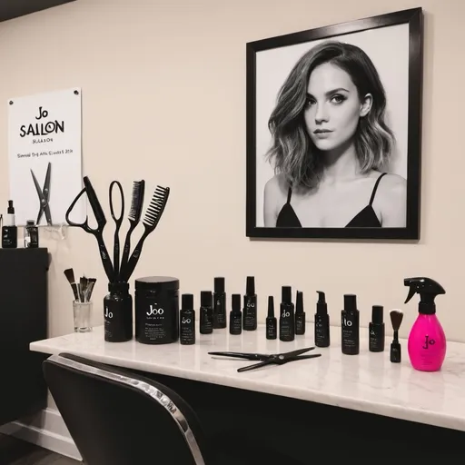 Prompt: Jo' Salon with picture of open scissors and a hair dye brush between Jo' and Salon