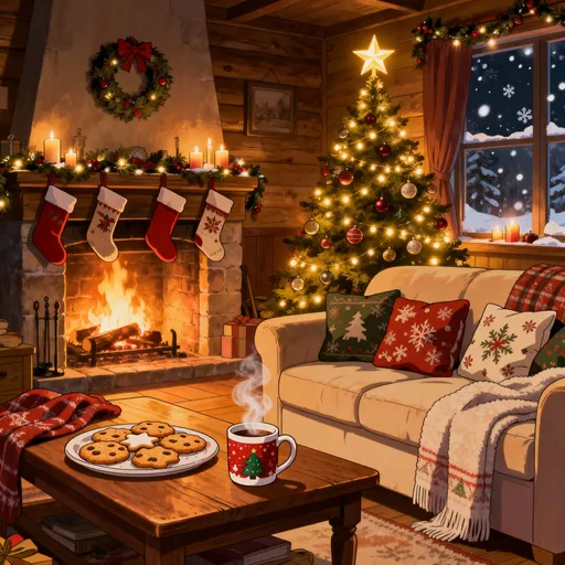Prompt: A warm and cozy vintage anime-style Christmas living room, soft golden lighting, wooden interior, a glowing fireplace with flames gently moving, Christmas stockings hanging from the mantel, decorated cushions with holiday patterns on a comfy sofa, a Christmas tree with warm fairy lights, ornaments and a shining star, a wooden table with freshly baked cookies and a Christmas-themed mug with steam rising, soft blankets, candles, garlands, snow falling outside the window, detailed 90s anime aesthetic, rich warm colors, cinematic vintage atmosphere, ultra detailed, no people, no humans.
