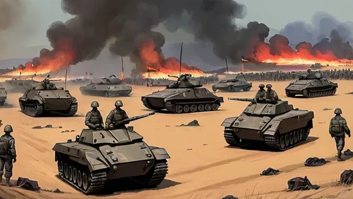 Prompt: a group of military vehicles with flames in the background and a large group of soldiers in the foreground, Andries Stock, lyco art, war, concept art