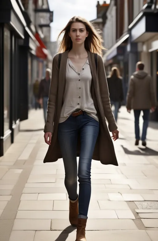 Prompt: Tall young woman walking down the high street, detailed clothing, realistic, natural lighting