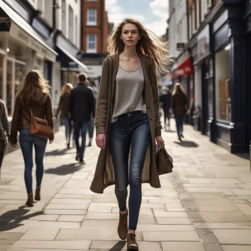 Prompt: Tall young woman walking down the high street, detailed clothing, realistic, natural lighting