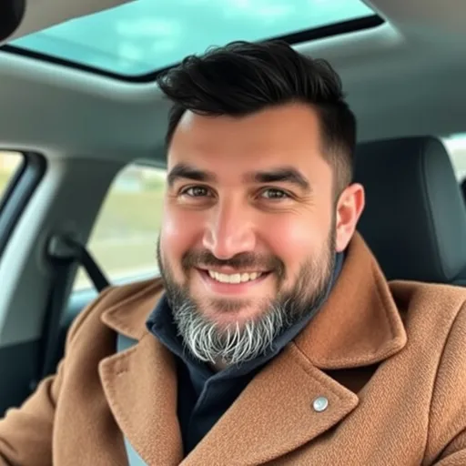 Prompt: a man with a beard and a coat in a car looking at the camera with a smile on his face, Abdullah Gërguri, dau-al-set, profile picture, a picture