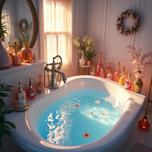 Prompt: a dreamy ethereal bathroom with a pastel color scheme. the bathtub is full of glistening cool blue water that reflects golden light. the aesthetic of the bathroom is iridescent and otherworldly. There are decorations in the bathroom, and beautiful plants all around the room. there is a vanity full of colorful shimmering bottles. there are petals in the bath water and the faucet is running