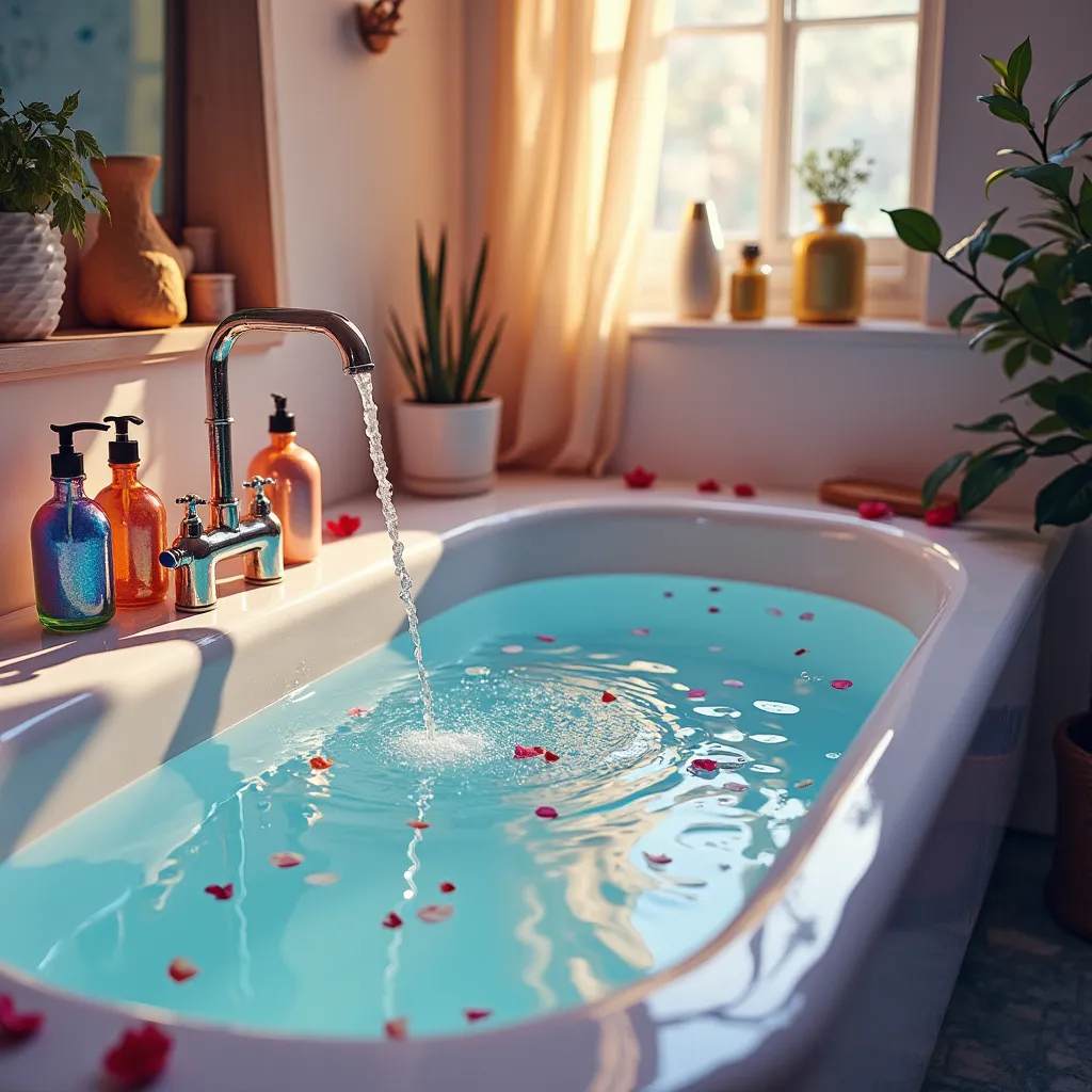 Prompt: a dreamy ethereal bathroom with a pastel color scheme. the bathtub is full of glistening cool blue water that reflects golden light. the aesthetic of the bathroom is iridescent and otherworldly. There are decorations in the bathroom, and beautiful plants all around the room. there is a vanity full of colorful shimmering bottles. there are petals in the bath water and the faucet is running