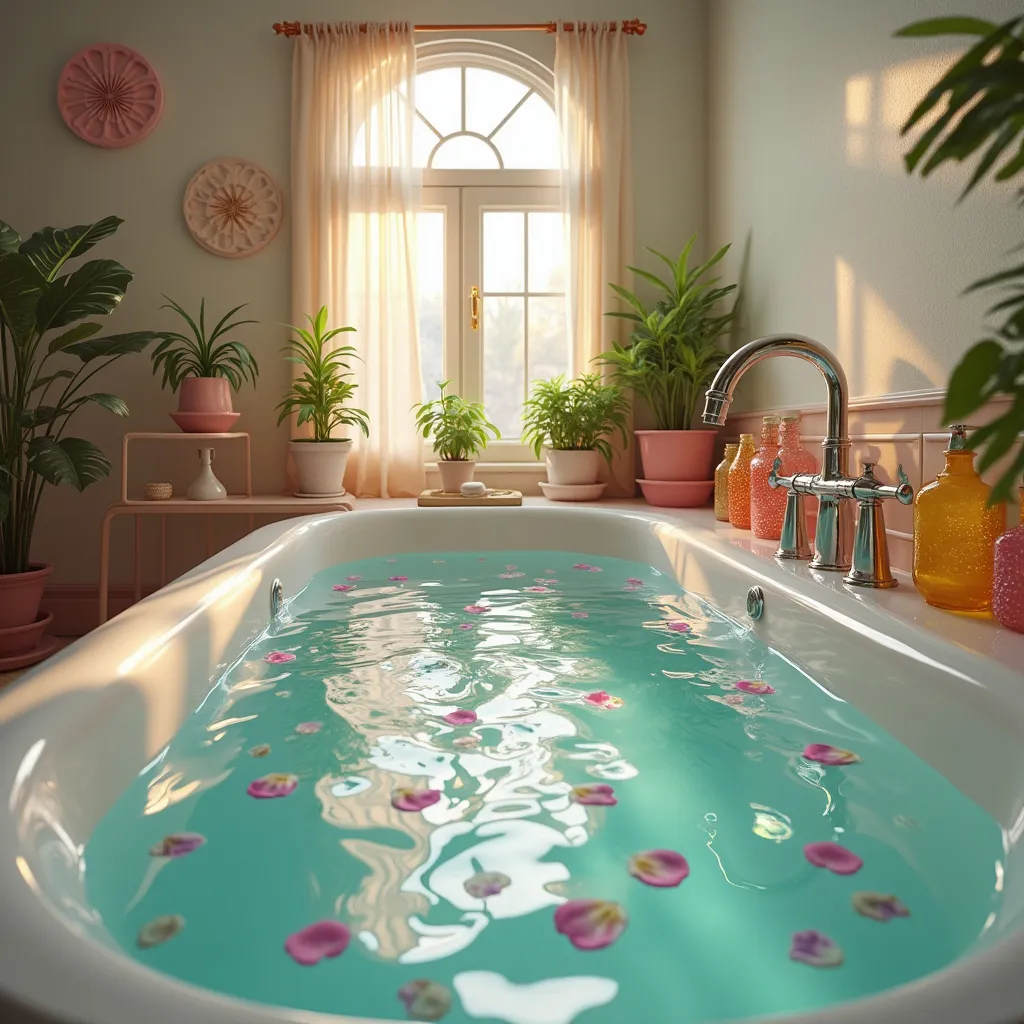 Prompt: a dreamy ethereal bathroom with a pastel color scheme. the bathtub is full of glistening cool blue water that reflects golden light. the aesthetic of the bathroom is iridescent and otherworldly. There are decorations in the bathroom, and beautiful plants all around the room. there is a vanity full of colorful shimmering bottles. there are petals in the bath water and the faucet is running