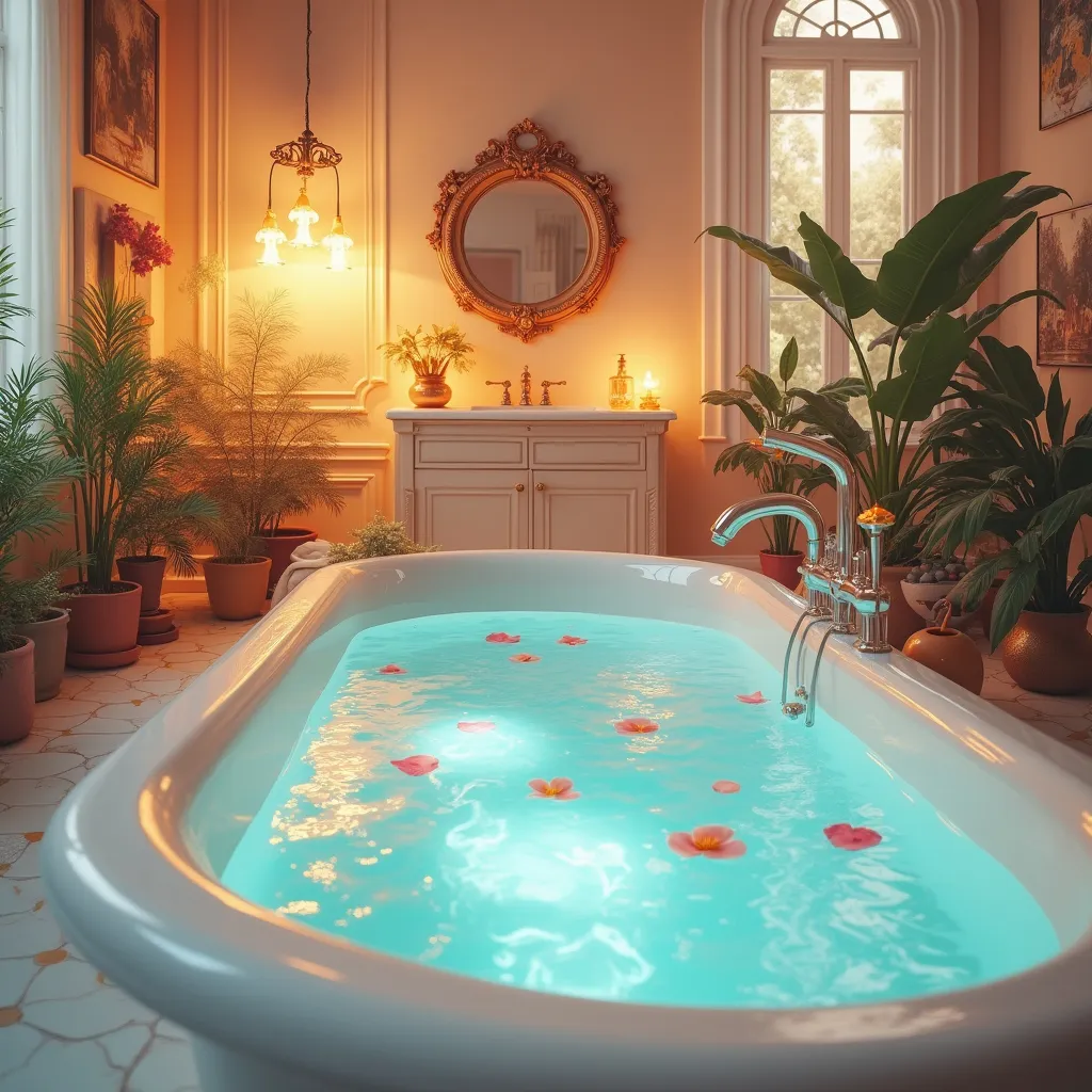 Prompt: a dreamy ethereal bathroom with a pastel color scheme. the bathtub is full of glistening cool blue water that reflects golden light. the aesthetic of the bathroom is iridescent and otherworldly. There are decorations in the bathroom, and beautiful plants all around the room. there is a vanity full of colorful shimmering bottles. there are petals in the bath water and the faucet is running