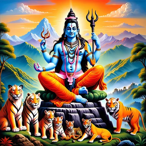 Prompt: hyper-realistic Shiva Pashupati with (2 horns), seated majestically on a (wonderful summit hill), surrounded by various animals including dogs, snakes, elephants, lions, and tigers, (vibrant color scheme), (picturesque landscape), lush greenery and majestic mountains in the background, bright sunlight illuminating the scene, vivid colors creating a sense of awe, (ultra-detailed), harmonious atmosphere with a sense of tranquility and divine presence.