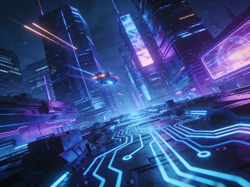 Prompt: Neon blue and purple circuits, futuristic city, glowing 