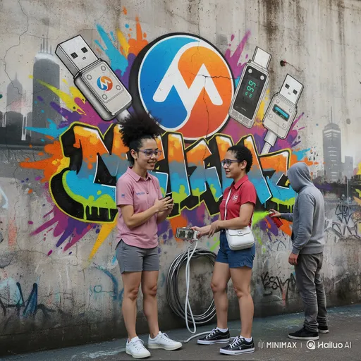 Prompt: This is a digital illustration of a MillionHz USB cable and its connectors. The image features two main elements: a USB-A connector on the left and a USB-C connector on the right, both connected to a coiled white cable. The USB-A connector has a sleek, silver casing with a small LED indicator light on the top left, which is yellow. The USB-C connector has a similar silver casing but is rectangular and displays a digital clock showing the time "10:53" in green LED digits. Below the connectors, the MillionHz logo is prominently displayed. The logo consists of a blue and orange waveform icon on the left, followed by the text "MillionHz" in orange and gray. The white cable coils in a circular pattern at the bottom of the image, with the ends of the cable connected to the USB connectors. The background is plain white, which makes the colors and details of the connectors and cable stand out. The overall style of the illustration is clean and modern, with a focus on simplicity and clarity. The textures of the connectors and cable are smooth and metallic, while the cable itself has a slightly textured appearance. @ulYhrTh47iuIY0Hhxll0  is using MillionHz cable to charge her mobile phone and feeling extremely happy about it. Show is in a modern and high tech background