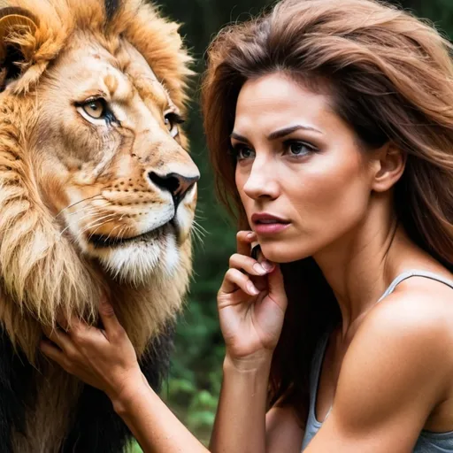 Prompt: Showing a man and a women having a strong mindset that even lions as to submit