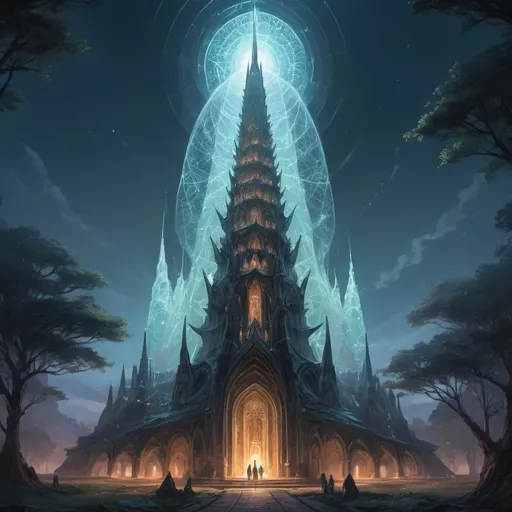 Prompt: The Grand Arachnid Spire rises majestically at the center of the ethereal dimension, a towering structure that defies conventional shape and form. Its silhouette is haunting yet captivating, crafted from shimmering, translucent materials that seem to radiate with an inner light. Small spider webs cling delicately to its surface, their fine strands glinting with faint iridescence in the soft glow of bioluminescent flora that grows in patches along the spire's base.

Clusters of crystalline formations hover in mid-air around the spire, casting a gentle, iridescent glow that bathes the surroundings in a surreal, ethereal light. The spire itself is composed of intricate, interlocking layers that spiral upward like an otherworldly beacon, each surface adorned with ancient glyphs and luminous runes that pulse softly with arcane energy.

Despite its imposing height, the spire exudes a sense of serenity and mystique, drawing the eye upward towards its summit where a halo of shimmering energy flickers and dances. This energy serves as a focal point for the character's inner strength and spiritual essence, resonating with the whispers of ancient wisdom and the echoes of countless stories woven into the fabric of this mesmerizing realm.

Anime Illustration