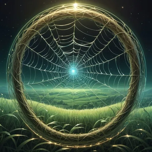 Prompt: Intricate space-time portal, ethereal, finest spider silk, shimmering glow, circular weave, floating, small in size, otherworldly, detailed threads, subtle glow, grassy landscape, high quality, intricate design, fantasy, ethereal lighting, mesmerizing, mystical, Anime Illustration