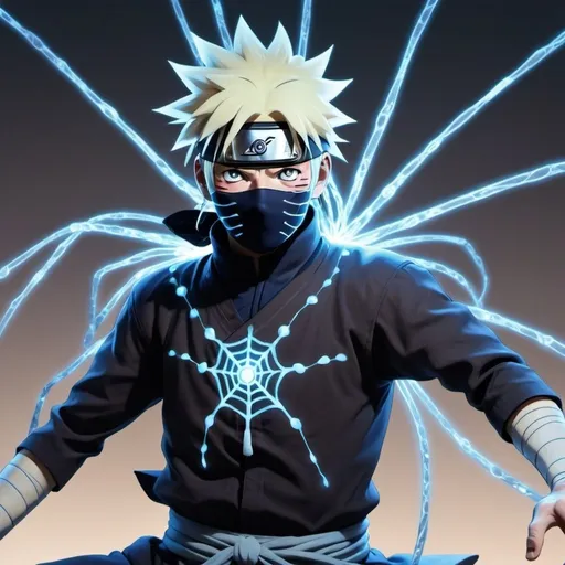 Prompt: Anime Illustration, Naruto-verse, Ethereal, luminescent spider threads wrap delicately around a shinobi's body, glowing with a soft blue light. The threads, thin and intricate, appear to pulse with chakra, enhancing the ninja's physical and spiritual capabilities. As the person moves, the webs shimmer and shift, almost floating, amplifying their speed, strength, and agility with each graceful motion.
