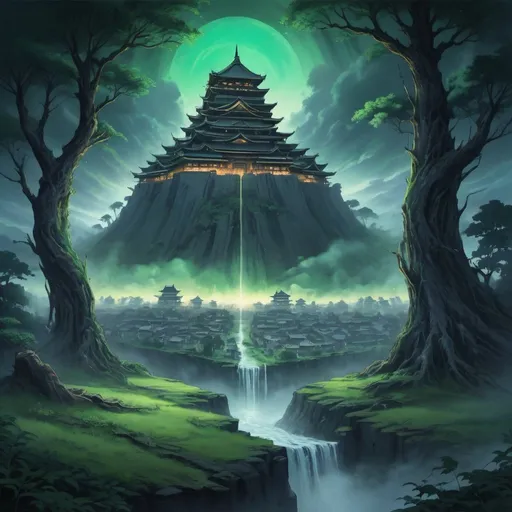 Prompt: Anime Illustration of The landscape is a tapestry of duality, where swirling mists of shadow intertwine with vibrant bursts of verdant growth.

At the center of this enigmatic realm stands a towering citadel, its darkened spires reaching towards the heavens like jagged claws grasping for the light. This fortress of darkness serves as the seat of power for Izanami's Zanpakuto spirit, Kurokiri Yūrei. Cloaked in swirling black mist, the spirit emanates an aura of solemn strength, its form ever-shifting and indistinct amidst the shadows.

Surrounding the citadel, lush fields of emerald grass sway in a gentle breeze, bathed in the warm glow of ethereal light. Trees with vibrant foliage stretch towards the sky, their branches reaching towards the heavens with a vitality that belies the darkness that lurks nearby. Birds chirp and sing amidst the foliage, their joyful melodies a stark contrast to the somber whispers that echo from the shadows.