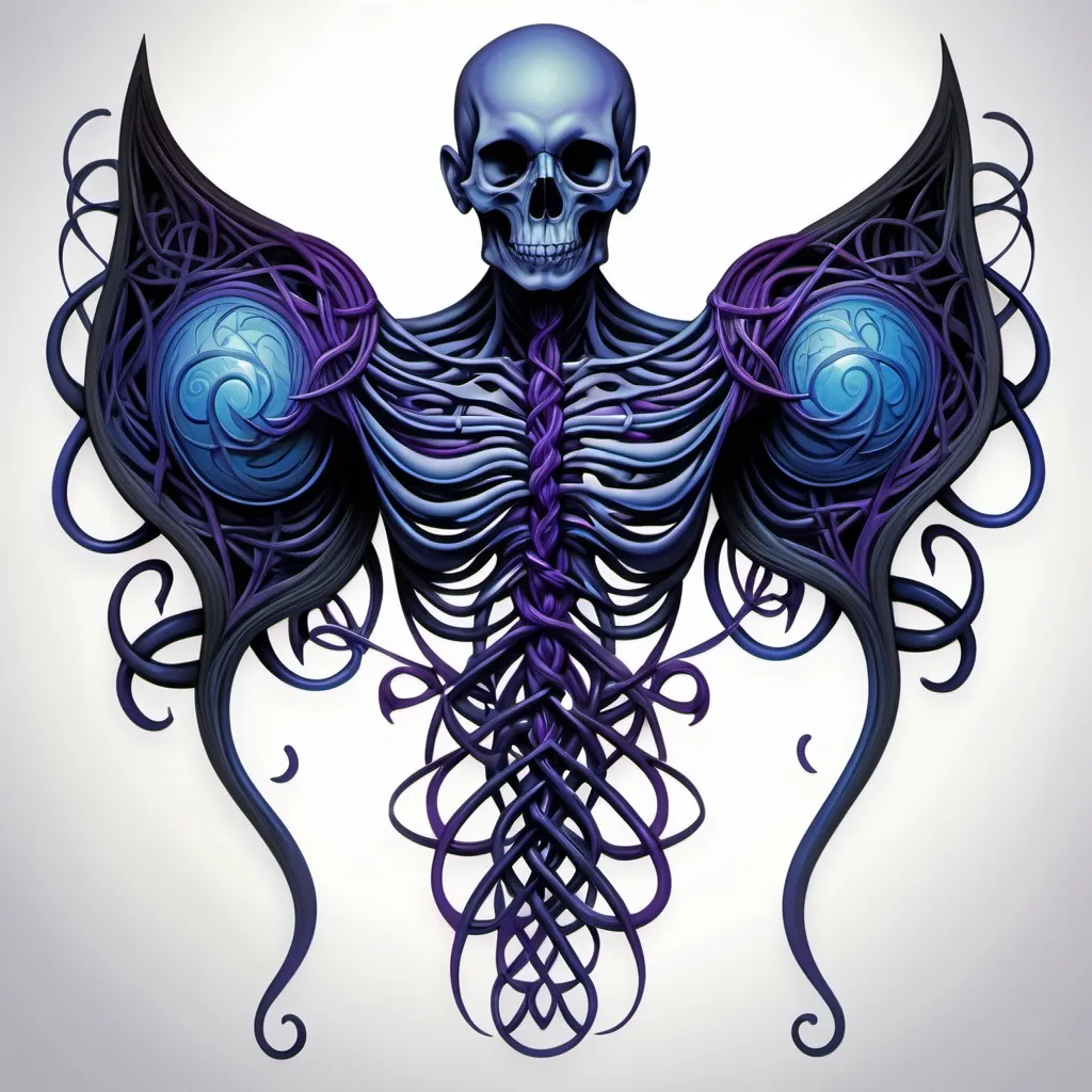 Prompt: "Create a visual of a second-stage Curse Mark transformation located on the right rib cage. The mark is dark black with deep purple and blue hues, centered around an intricate knot design. The knot unfolds into veiny tendrils that spread thickly across the body, glowing faintly with the deep hues. From the back, the tendrils protrude like spider threads, with a dynamic ability to shape themselves into various forms such as elegant, web-like wings or other intricate structures. The overall design should evoke an eerie, otherworldly aura, blending the sinister aesthetic of dark veins with the delicate beauty of spider silk."