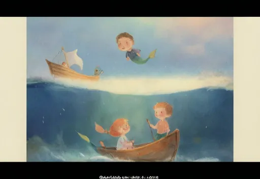 Prompt: Children’s books illustration, two children boys,boat, mermaid, fish