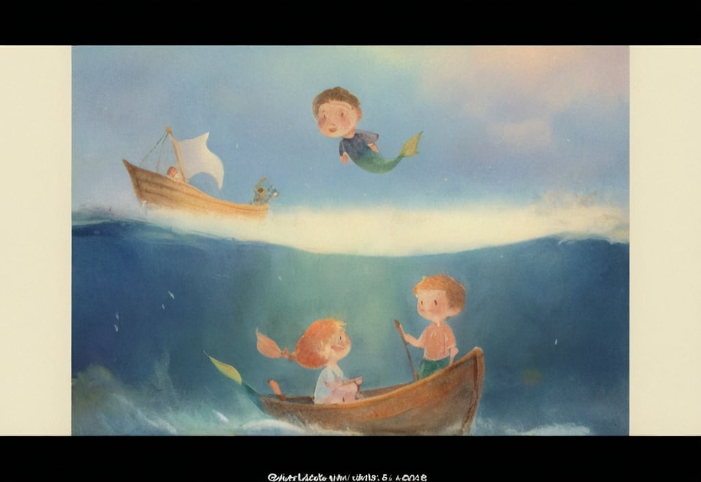 Prompt: Children’s books illustration, two children boys,boat, mermaid, fish