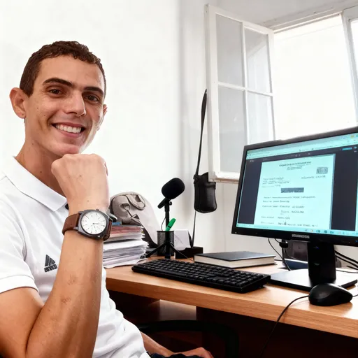 Prompt: This photograph depicts a young man sitting at a wooden desk in a bright, modern office space. He has short, dark brown hair and a light skin tone, and he is smiling warmly at the camera. He is wearing a white polo shirt with a small, dark logo on the left chest and a brown wristwatch with a white face on his left wrist. His right arm is bent at the elbow, with his hand resting near his chin.

On the desk to his right is a computer monitor displaying a webpage with text and a few images. The monitor is connected to a black keyboard and a black mouse. Behind the monitor, there is a small green pen in a pen holder and a black microphone on a stand. The desk also has several stacked papers and a closed notebook.

The background features a white wall with a large window that allows natural light to fill the room. The window has white frames and is partially open, revealing a bright, sunny day outside. The overall color scheme of the image is light and neutral, with white walls, brown wood, and black office equipment. The photograph has a casual, candid feel, capturing a moment of focused work.