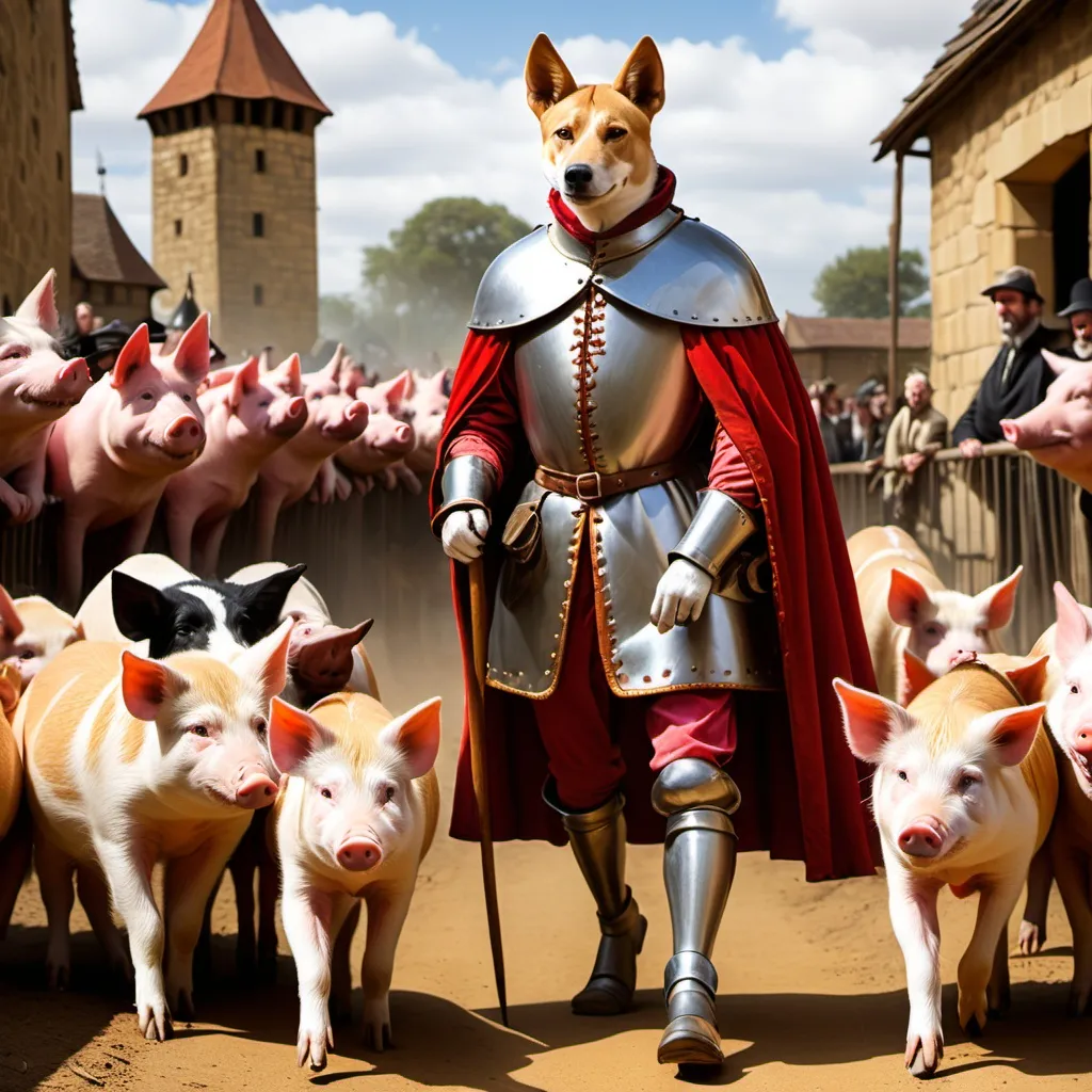 Prompt: Dingo wearing medieval, royal clothing herding pigs