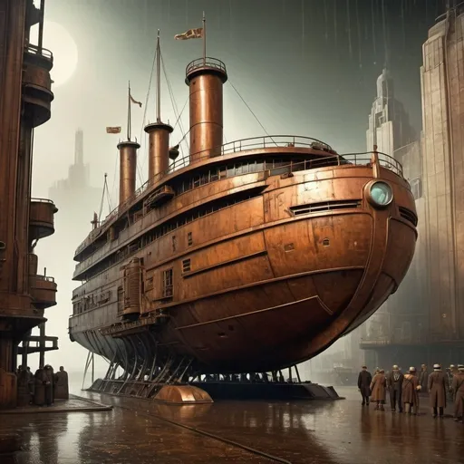 Prompt: Realistic photo of a futuristic 1930's metropolis-style, art deco-themed, heavily textured with rust and scratches, recreation of the landing of the Mayflower by robot pilgrims, high quality, art deco, futuristic, heavily textured, rust and scratches, realistic photo, robot pilgrims, Mayflower landing, 1930's metropolis, detailed, atmospheric lighting