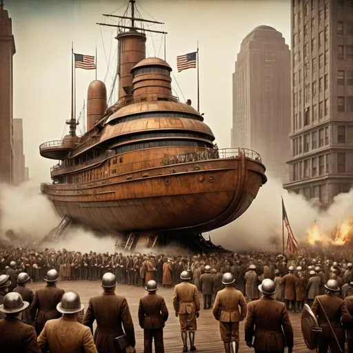 Prompt: Realistic photo of a futuristic 1930's metropolis-style, art deco-themed, heavily textured with rust and scratches, recreation of the landing of the Mayflower by robot pilgrims, high quality, art deco, futuristic, heavily textured, rust and scratches, realistic photo, signing of the Declaration of Independence by robots, 1930's metropolis, detailed, atmospheric lighting