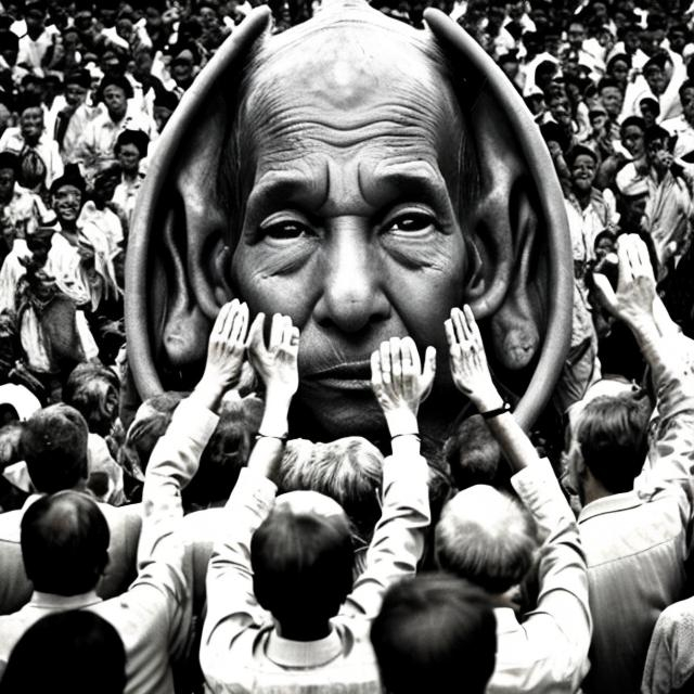 Prompt: Create a picture of someone with a large ear being worshipped by the people around them