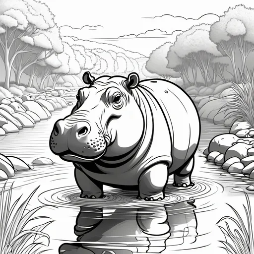 Prompt: cute colouring book image of a hippo in a river. Black and white, no colour. Minimal shading
.

