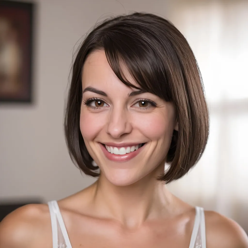 Prompt: Flirty headshot of attractive mid 20’s white woman with dark hair and a bob in her bedroom, large nose and brown eyes. Winking and smiling and wearing a white slip. Background in focus.