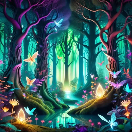 Prompt: Vibrant digital illustration of a mystical forest, magical creatures and glowing flora, enchanting fantasy setting, intricate details, high definition, digital art, vibrant colors, whimsical style, ethereal lighting