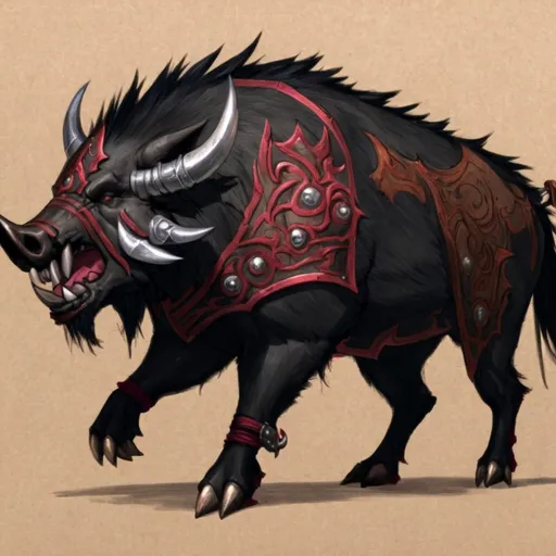 Prompt: sketch War Boar mount,  thick black fur, iron cloven hooves, jutting lower tusks,  crimson saddle, on light brown paper. world of warcraft art, pencil detail texture