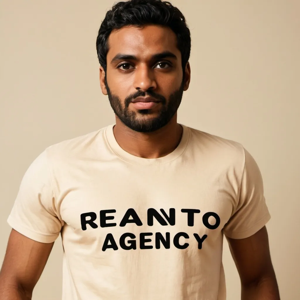 Prompt: "Make a brown-skinned man wear a Gola shirt with the words 'Reianto Agency' written on the front."