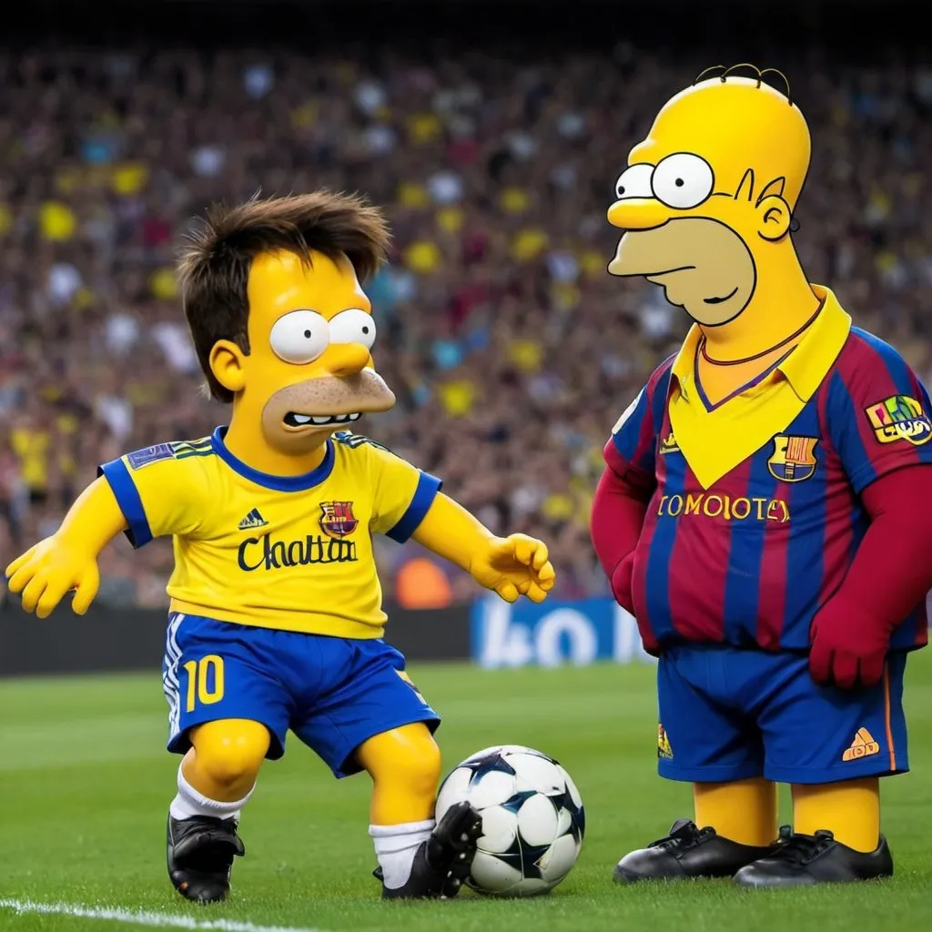 Prompt: lionel messi besandose con homero simpson