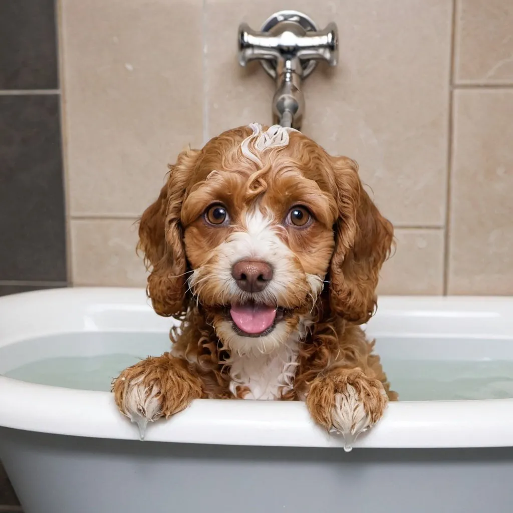 Prompt: Cavapoo taking a bath