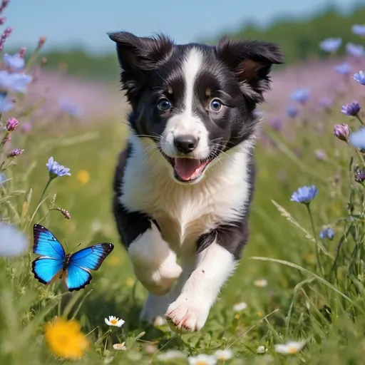 Prompt: Border collie Puppy chasing a blue butterfly in a flowered meadow in the summer