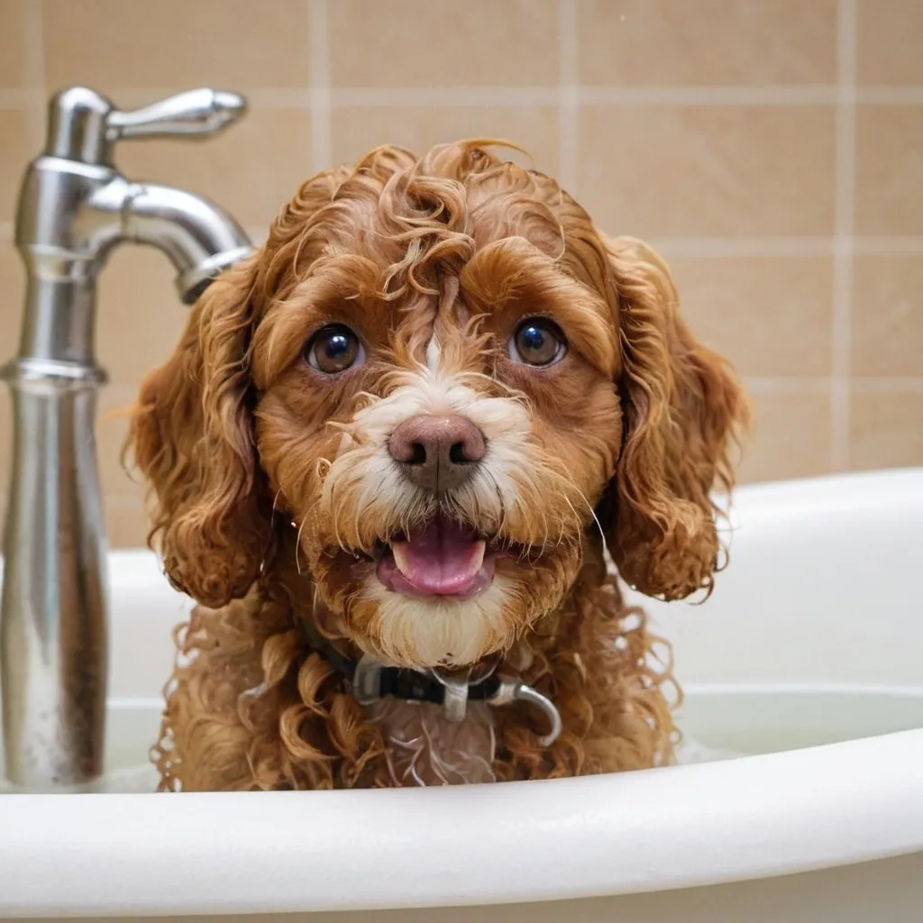 Prompt: Cavapoo taking a bath