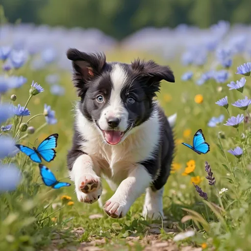 Prompt: Border collie Puppy chasing a blue butterfly in a flowered meadow in the summer side profile