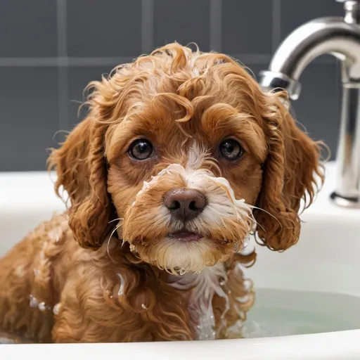 Prompt: Cavapoo taking a bath