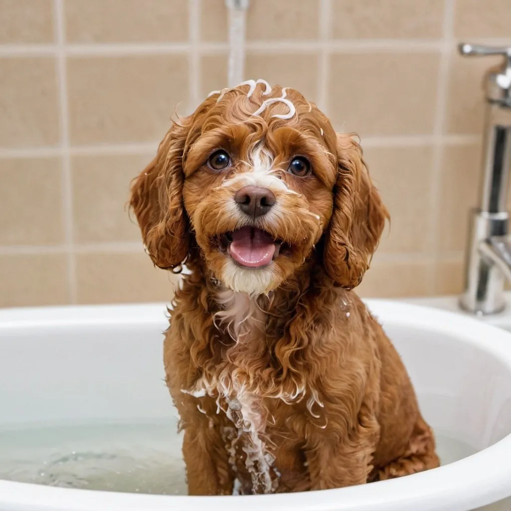 Prompt: Cavapoo taking a bath