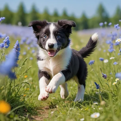 Prompt: Border collie Puppy chasing a blue butterfly in a flowered meadow