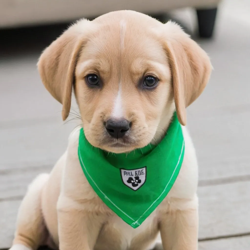 Prompt: Puppy wearing a green bandana