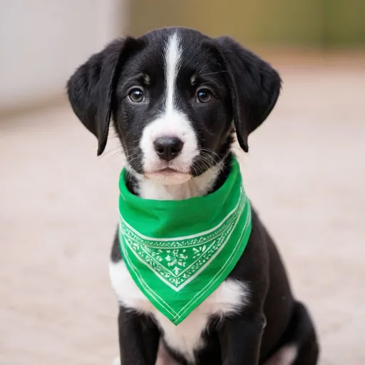 Prompt: Black and white Puppy wearing a green bandana