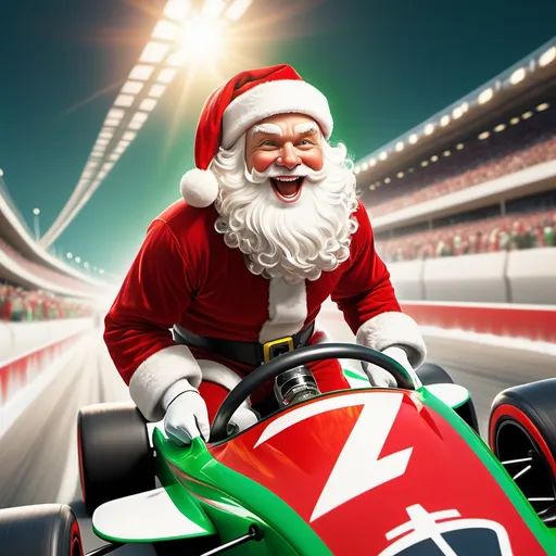 Prompt: (Santa Claus as a race car driver), dynamic action pose, vibrant red and green racing suit, Santa hat, confident joyful face with a playful smile, race car speeding through a racetrack, playful atmosphere, warm winter sunlight illuminating the scene, cheering crowd in the background, (highly detailed) and (ultra-realistic).