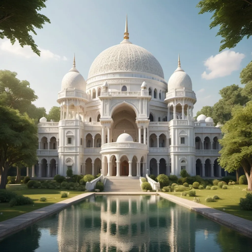 Prompt: Large white palace with huge dome, lush woods landscape, high quality, realistic, detailed pre islamic architecture, serene atmosphere, grandiose design, elegant, natural lighting, majestic, peaceful, majestic dome, intricate details, pristine white, scenic woodland, tranquil surroundings, grand architecture, detailed carvings, scenic view