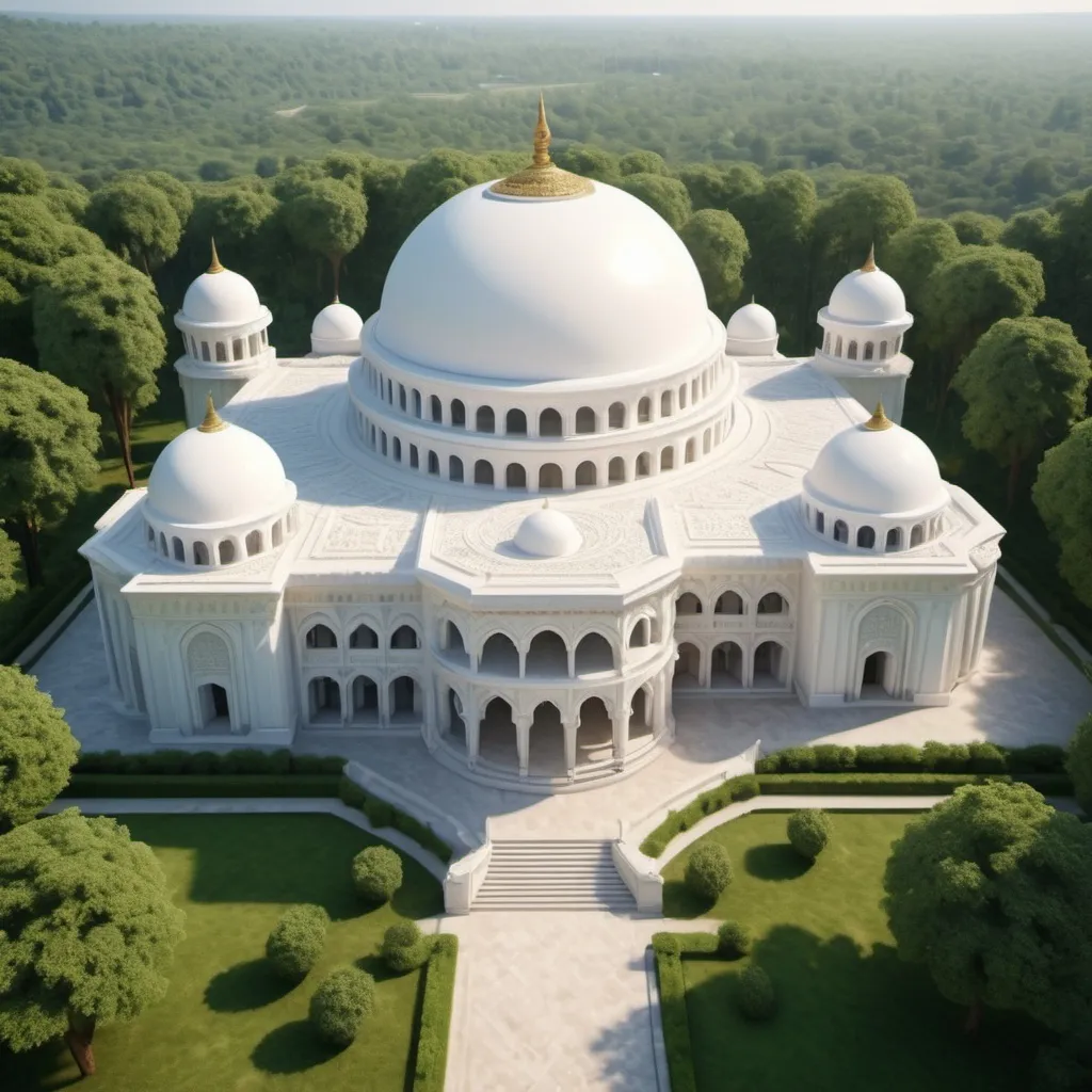 Prompt: Large white palace with huge dome, lush woods landscape, high quality, realistic, detailed pre islamic architecture, serene atmosphere, grandiose design, elegant, natural lighting, majestic, peaceful, majestic dome, intricate details, pristine white, scenic woodland, tranquil surroundings, grand architecture, detailed carvings, scenic view