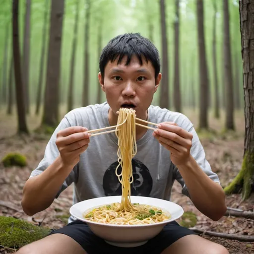 Prompt: Human with 5 chromosomes, eating noodles in the forest