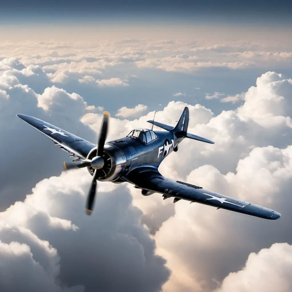 Prompt: sky with clouds , F6F airplane aggressive flying