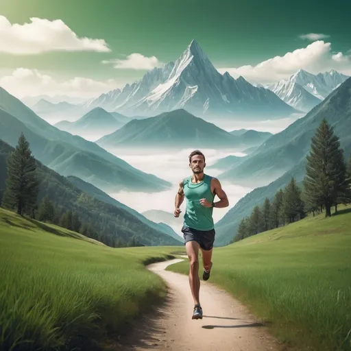 Prompt: A high-definition photo of a real men, artistically depicting a strong man runner standing. The serene mountains and dream nature in the background harmoniously blend with the runner, evoking a utopian atmosphere. The inclusion of a real photo adds an authentic touch, making the scene feel like a mesmerizing, otherworldly vision. Background also creating a dreamlike and surreal experience for viewers. Background mountains must be with green grass and with trees also. runner wearing a running backpack.